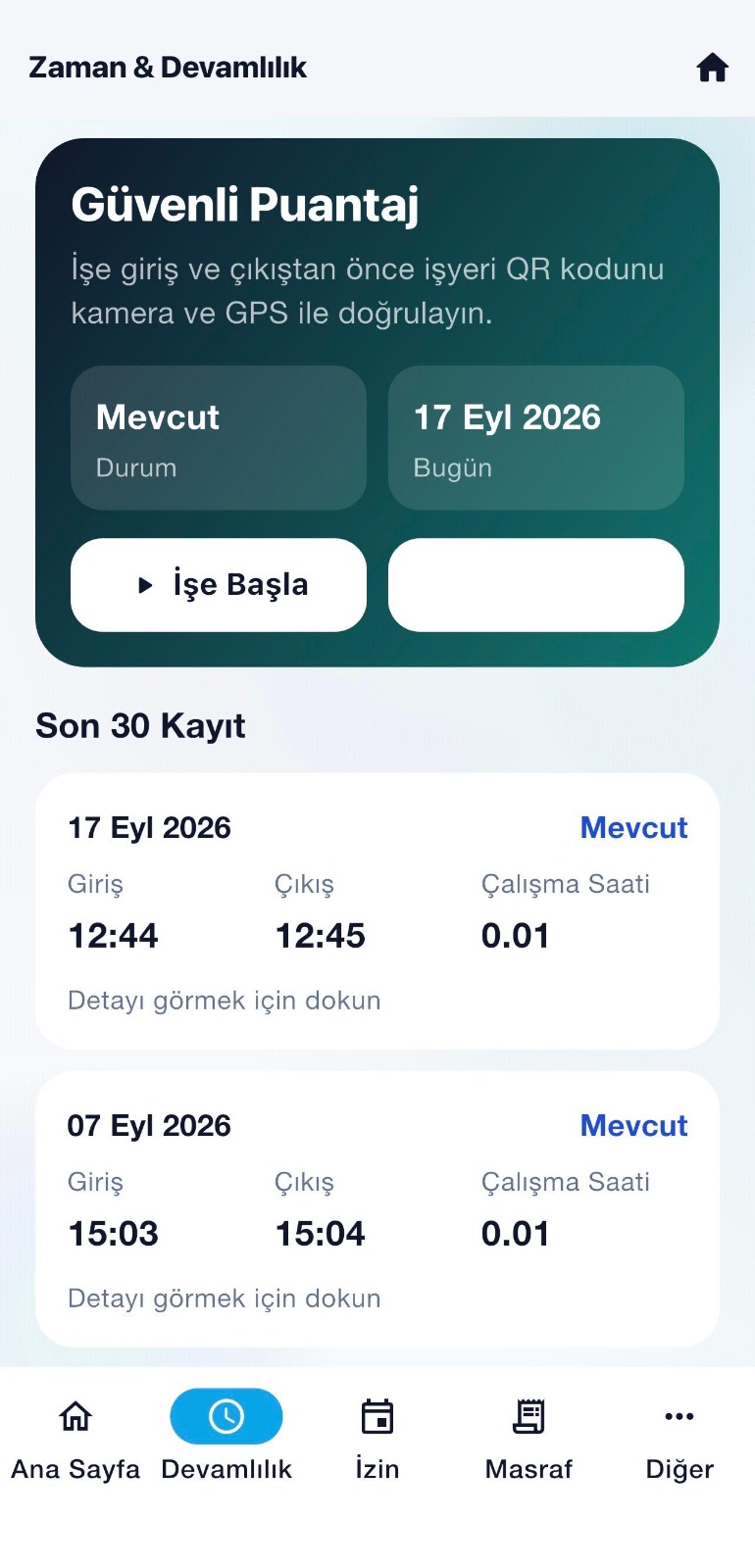 CADRO mobil uygulaması puantaj ekranı