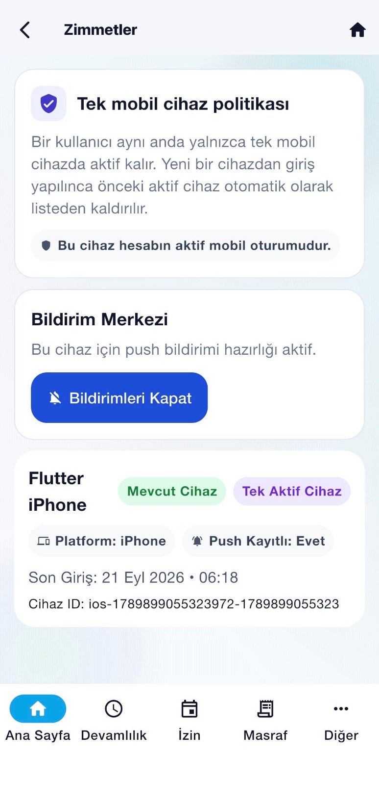 CADRO mobil uygulaması cihaz yönetimi ekranı