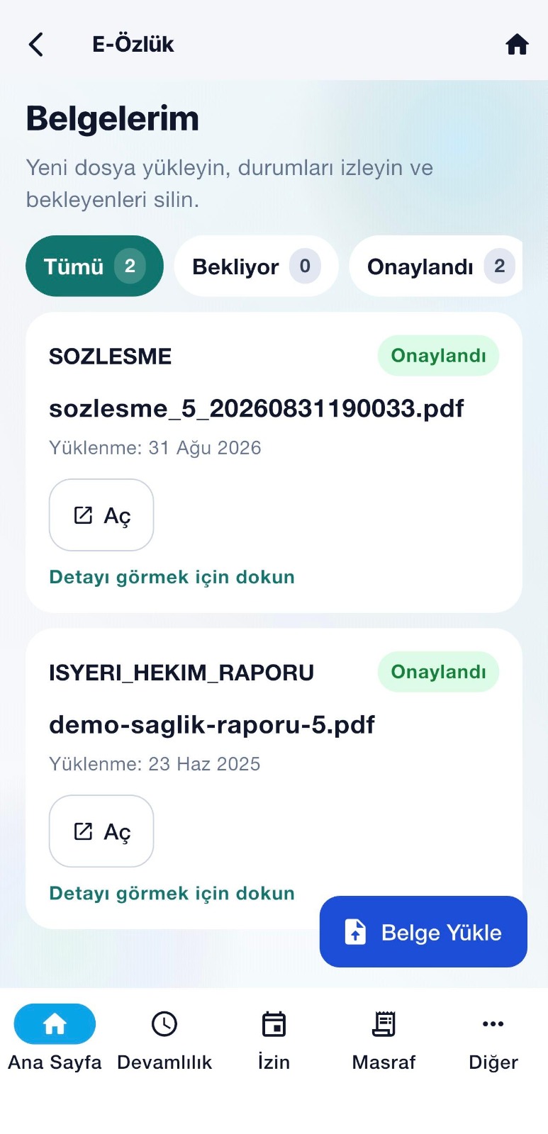 CADRO mobil uygulaması e-özlük ekranı