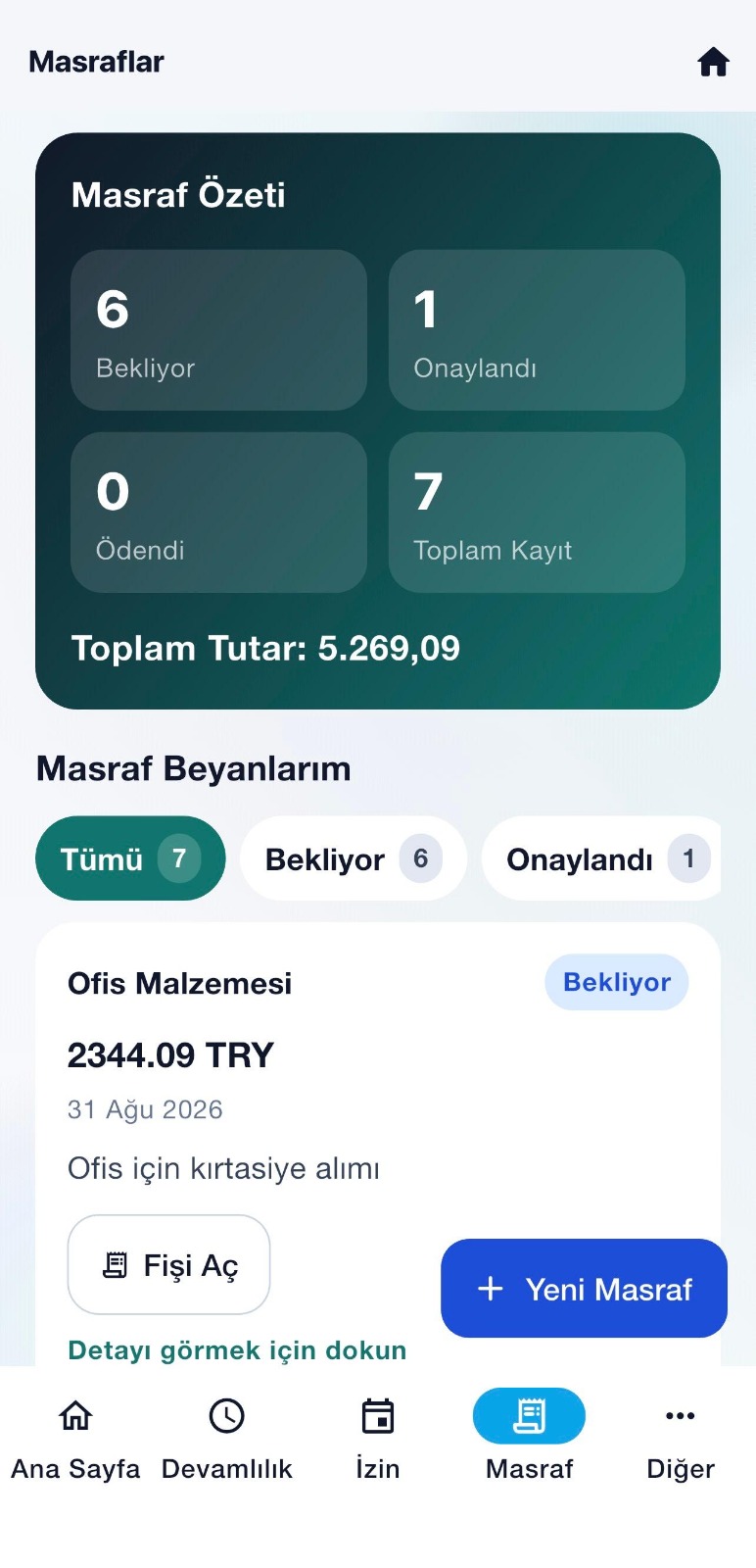 CADRO mobil uygulaması masraflar ekranı