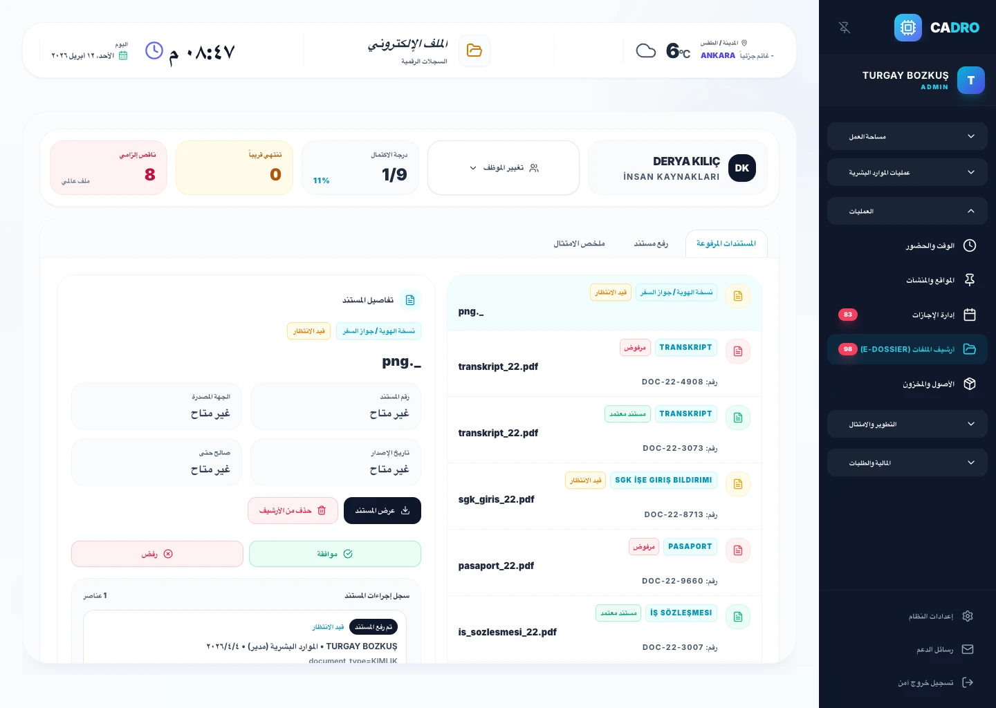 شاشة ملخص امتثال الملف الوظيفي الرقمي في CADRO