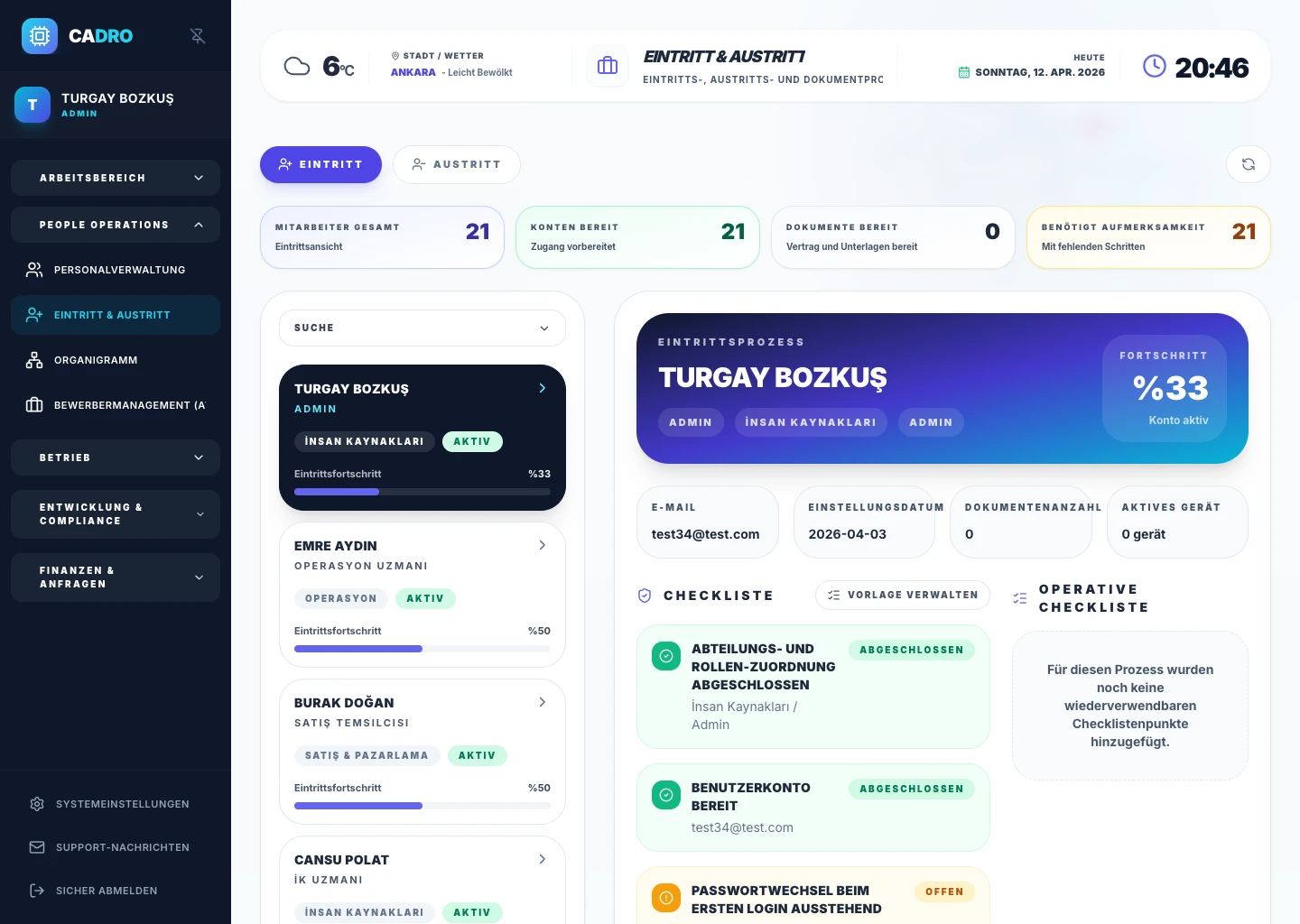 CADRO Onboarding-Bildschirm